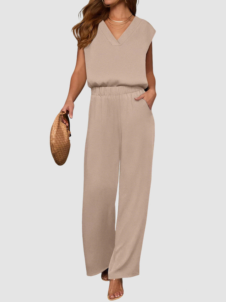 2 Piece Sets for Women Lounge Outfits Summer V Neck Cap Sleeve Top Wide Leg Pants