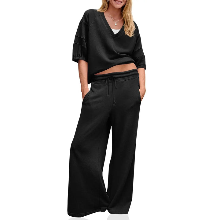 Womens 2 Piece Outfits Casual V Neck Shirts Wide Leg