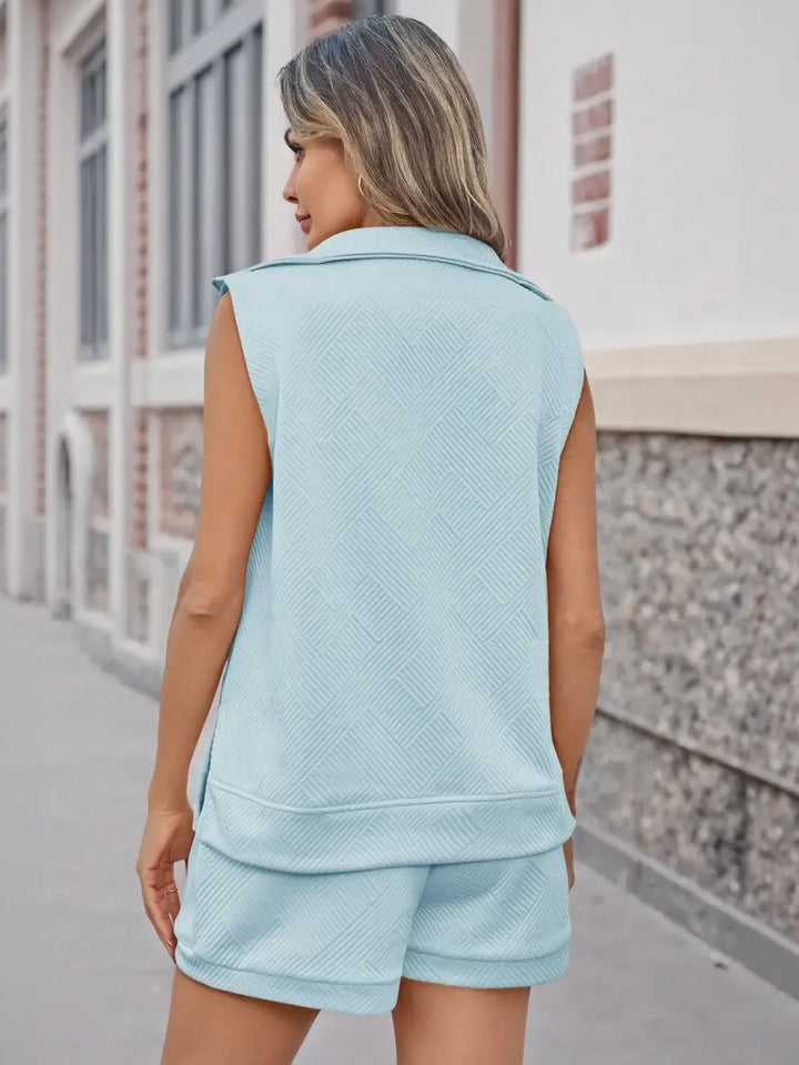 Womens 2 Piece Outfits Short Sets Half Zip Sleeveless Tops and Drawstring Shorts