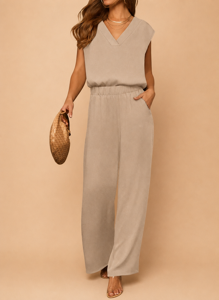 2 Piece Sets for Women Lounge Outfits Summer V Neck Cap Sleeve Top Wide Leg Pants