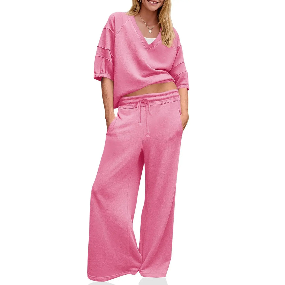 Womens 2 Piece Outfits Casual V Neck Shirts Wide Leg