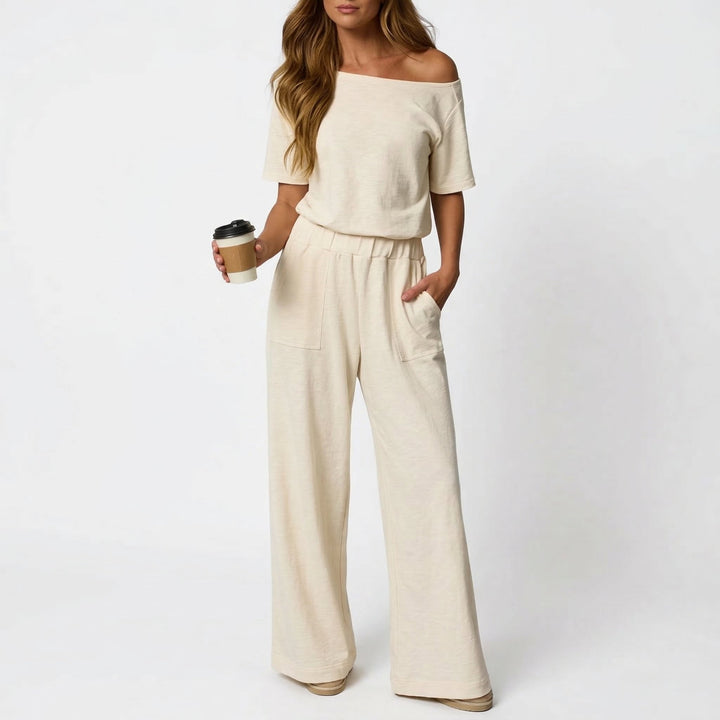 Women's Short Sleeve Back Cutout Casual Wide Leg Loose Fit One-Piece Jumpsuit